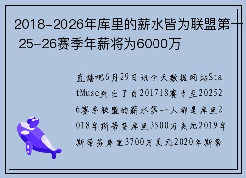 2018-2026年库里的薪水皆为联盟第一 25-26赛季年薪将为6000万