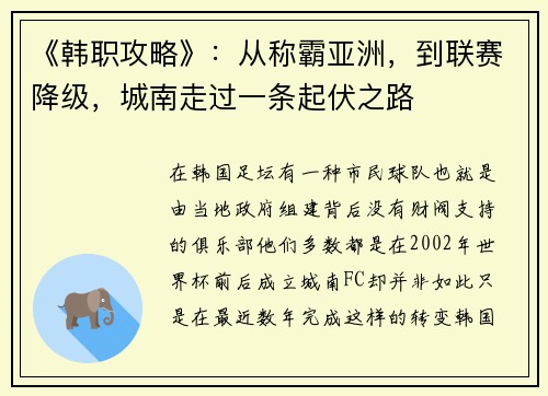 《韩职攻略》：从称霸亚洲，到联赛降级，城南走过一条起伏之路